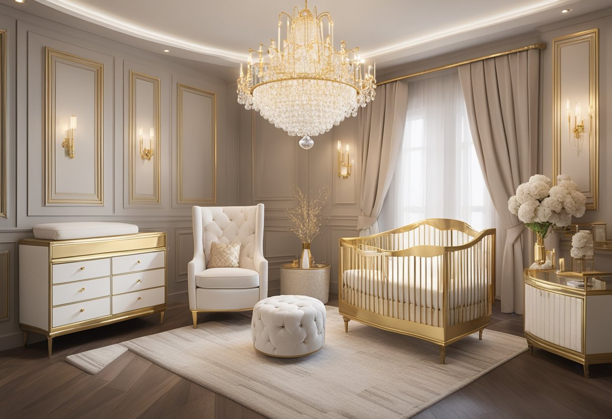 A lavish nursery with gold accents, plush velvet furniture, and a crystal chandelier
