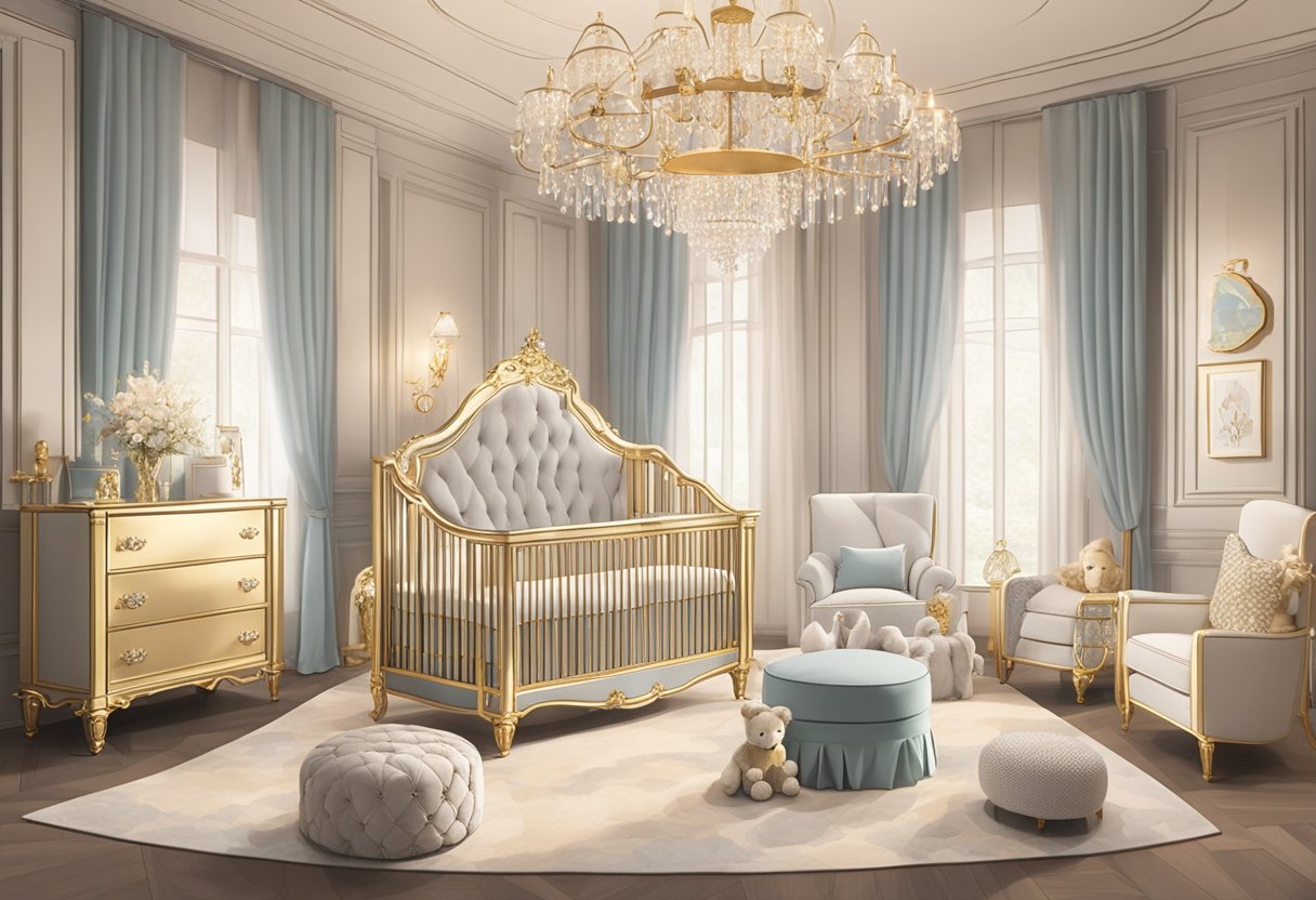 A lavish nursery adorned with opulent decor, plush fabrics, and gilded accents. A crystal chandelier casts a soft glow over the room, highlighting the extravagant baby furniture and designer accessories