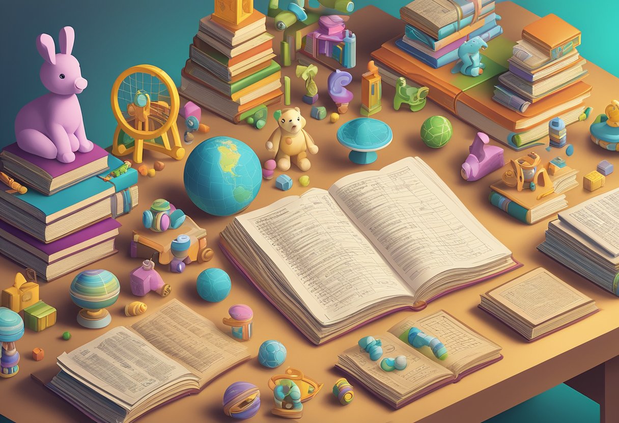 A table with a list of Hebrew baby names, surrounded by colorful baby toys and books