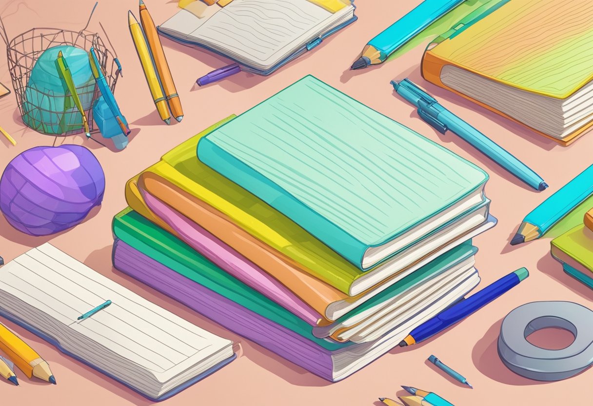 A colorful array of baby name books and websites, with pens and paper for note-taking, surround a brainstorming individual
