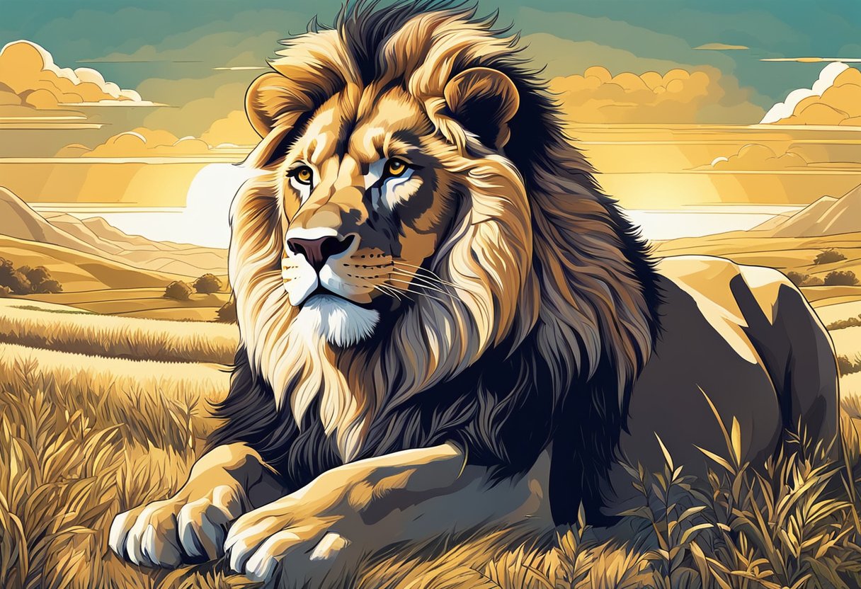 A majestic lion with a regal mane sits proudly under a shining sun, surrounded by vibrant greenery and golden fields