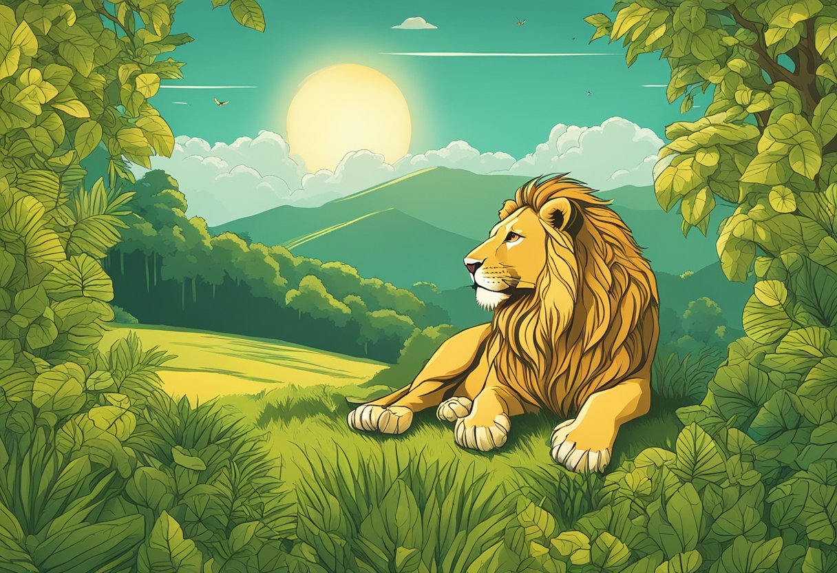 A lion sitting majestically under a radiant sun, surrounded by vibrant greenery, with the words "Tips For Brainstorming The Perfect Name" floating above