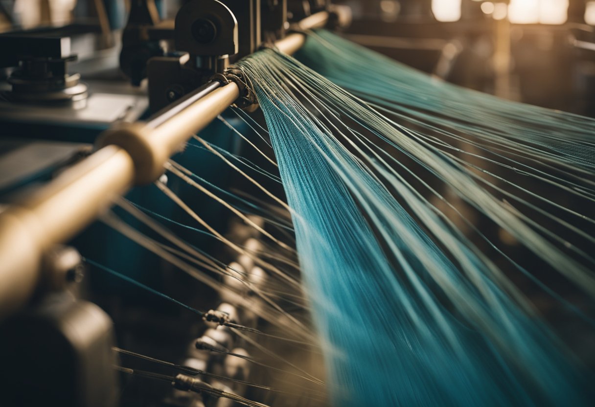 A loom weaving viscose fibers into fabric, with a chemical process in the background