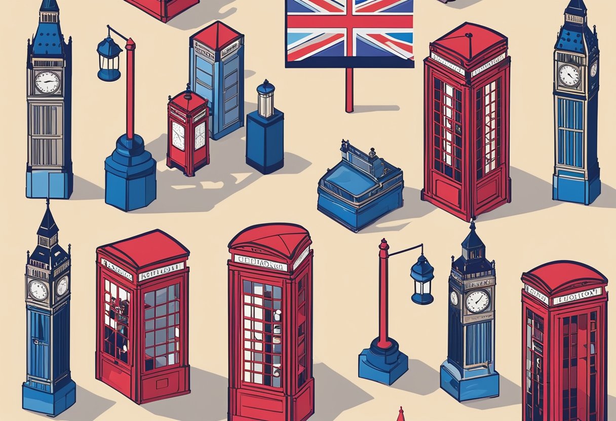 A collection of British flags and iconic symbols, such as the Union Jack, Big Ben, and red telephone boxes, arranged in a colorful and vibrant display