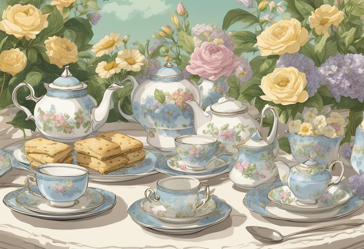 A vintage tea party set in a lush English garden, with delicate floral china, scones, and a quaint sign with "More Name Ideas" in elegant script