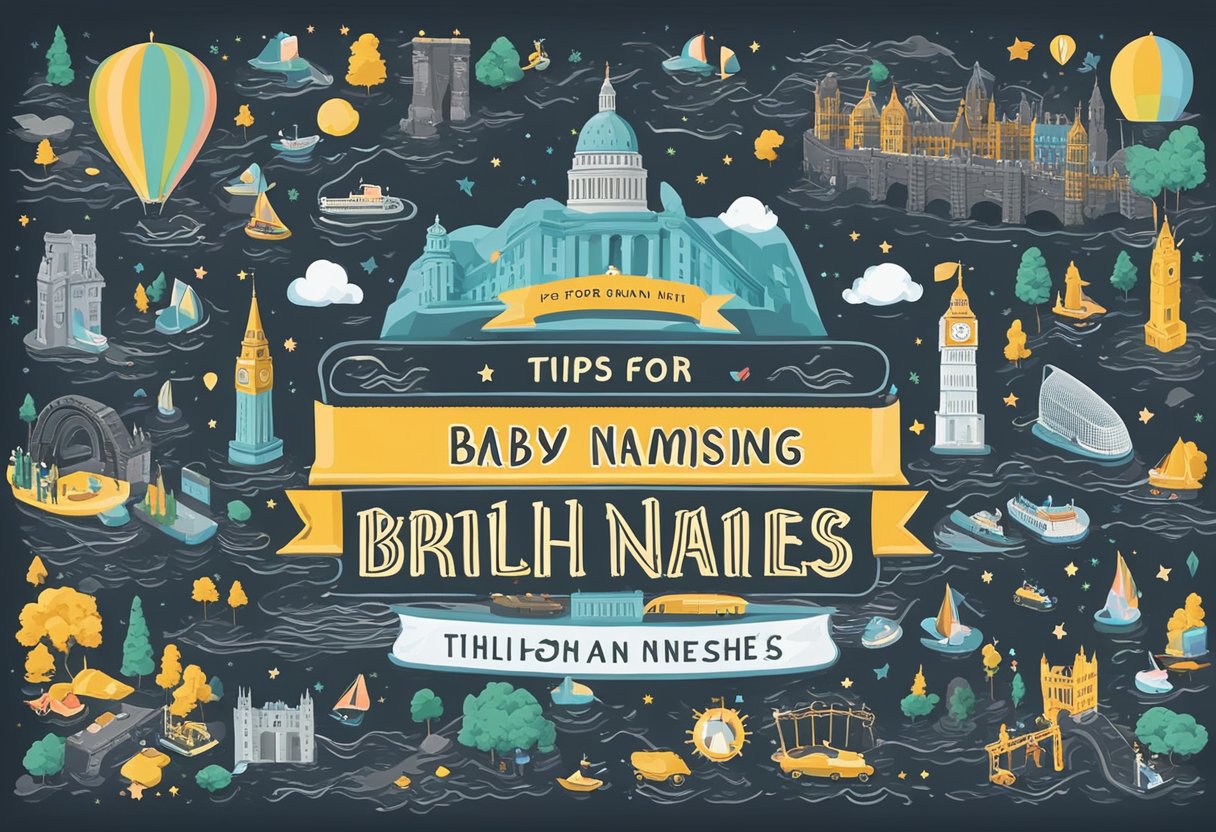 A colorful chalkboard with "Tips For Brainstorming The Perfect Name British baby names" written in bold, surrounded by charming illustrations of British landmarks and symbols