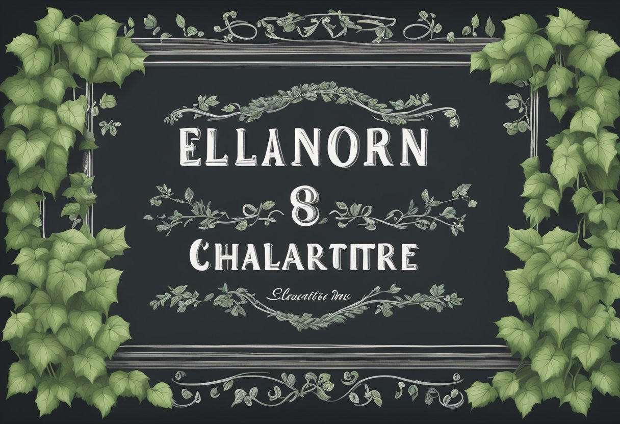 A chalkboard with elegant, classic baby names like Eleanor, William, Charlotte, and Theodore surrounded by ivy vines