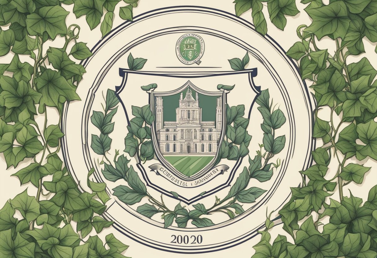 A prestigious university crest surrounded by ivy and a list of top 100 baby names in elegant script