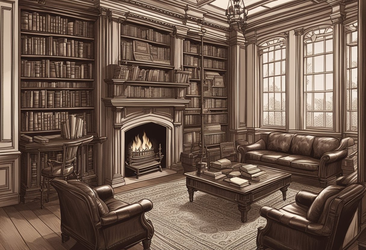 A vintage library with leather-bound books, mahogany furniture, and a cozy fireplace. A distinguished atmosphere with a touch of old-world charm