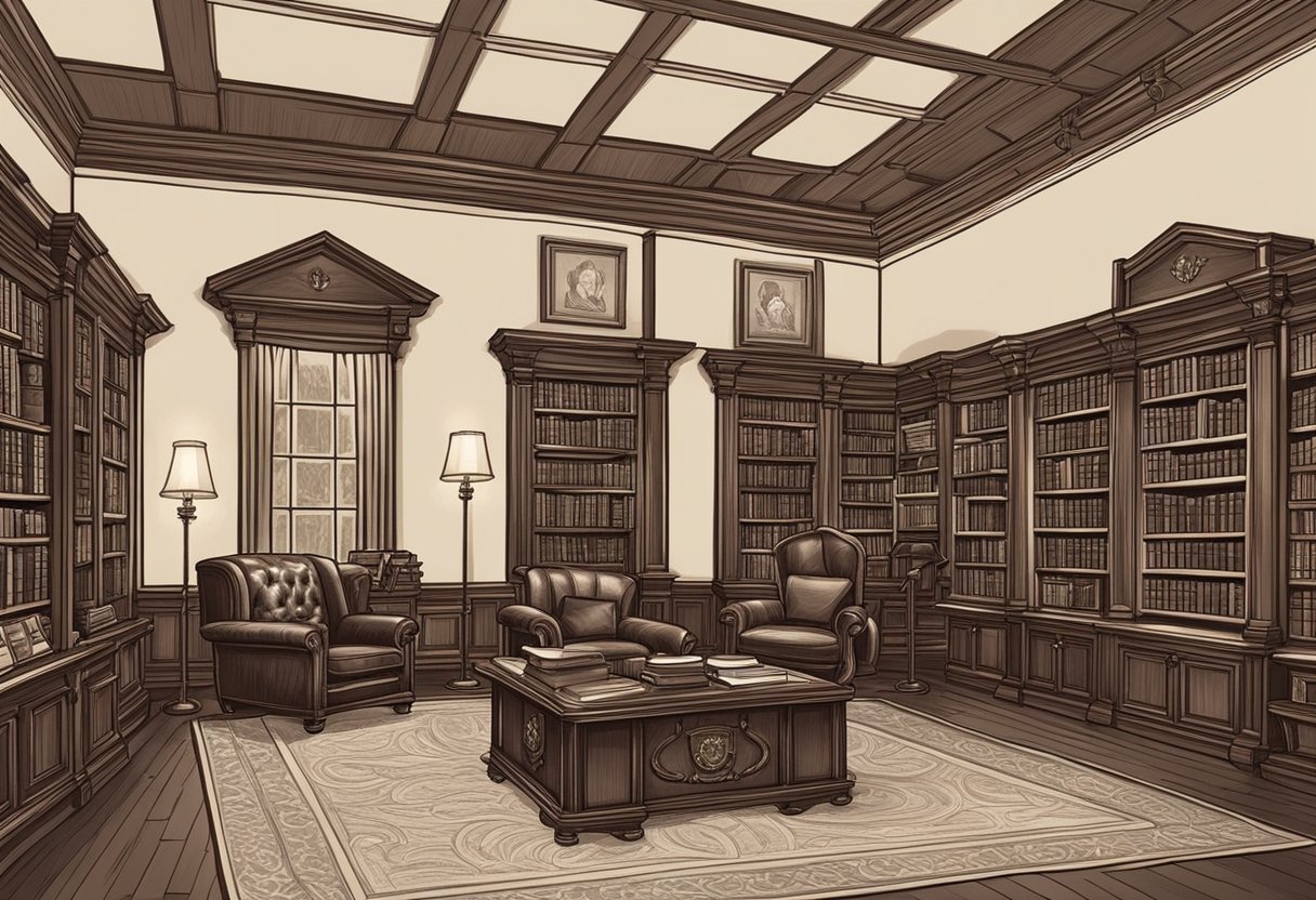 A vintage library with leather-bound books, mahogany furniture, and a cozy fireplace. A prestigious university crest adorns the wall