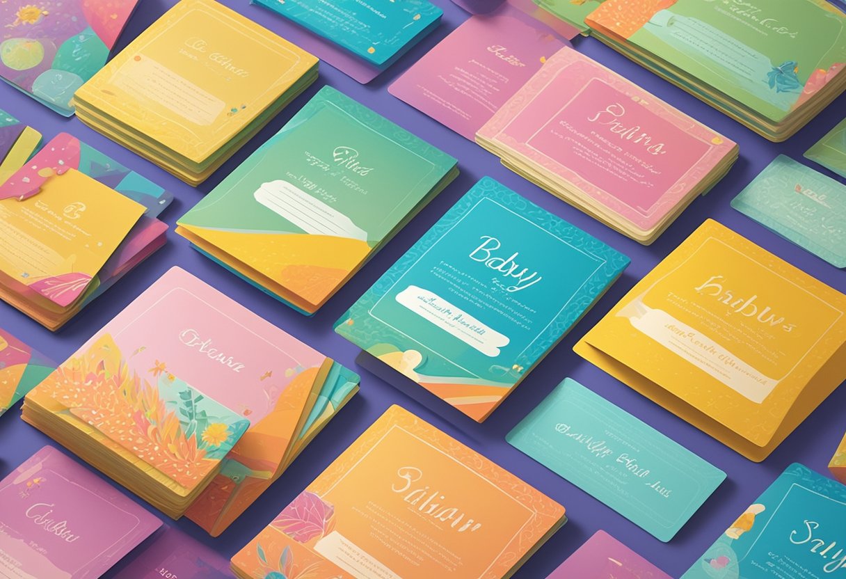 A colorful array of baby name cards with Latin origins displayed on a vibrant backdrop, surrounded by playful and whimsical elements