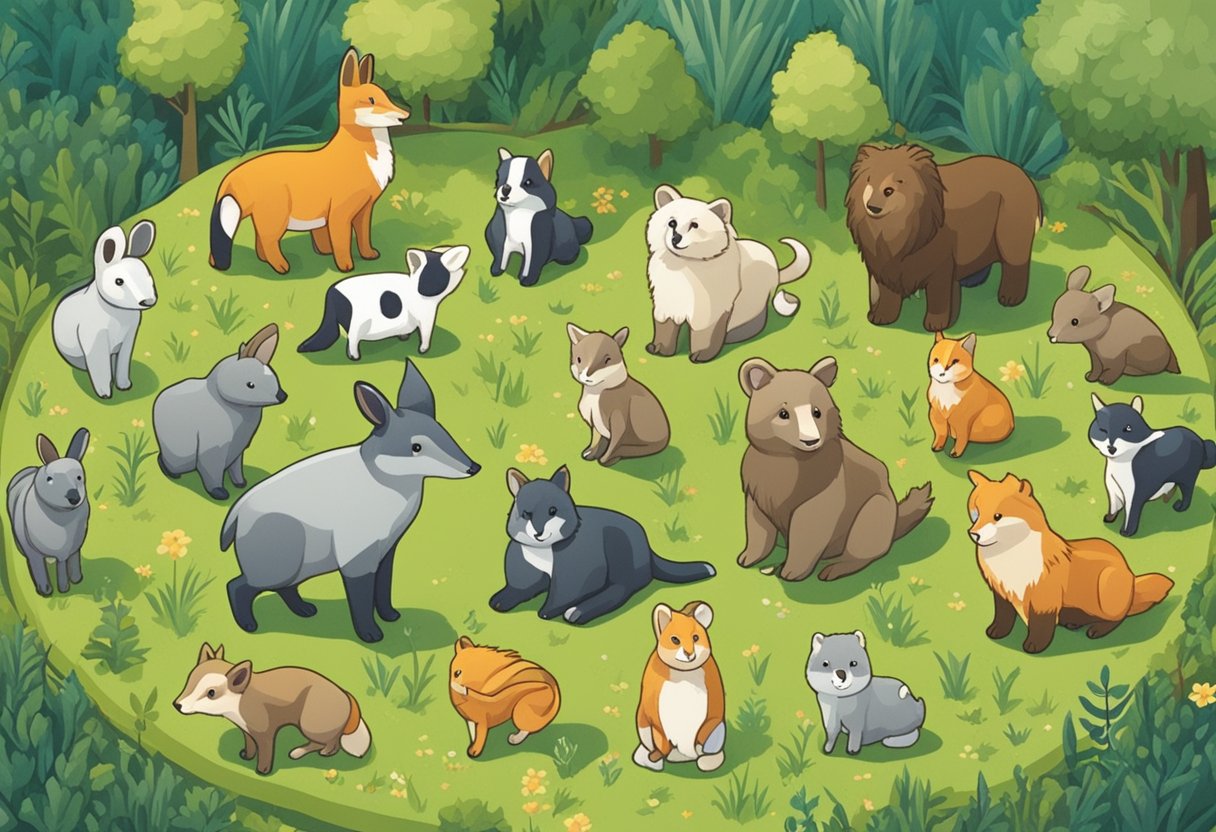 A menagerie of cute animals sits in a meadow, each with a name tag starting with the letter "M."