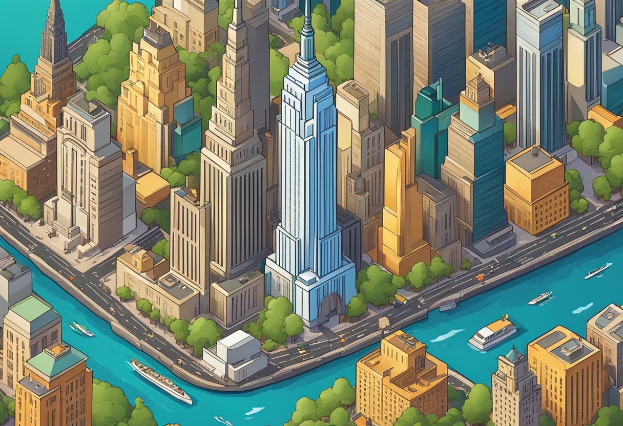 A bustling New York City skyline with a diverse array of buildings and landmarks, surrounded by a vibrant mix of cultures and influences