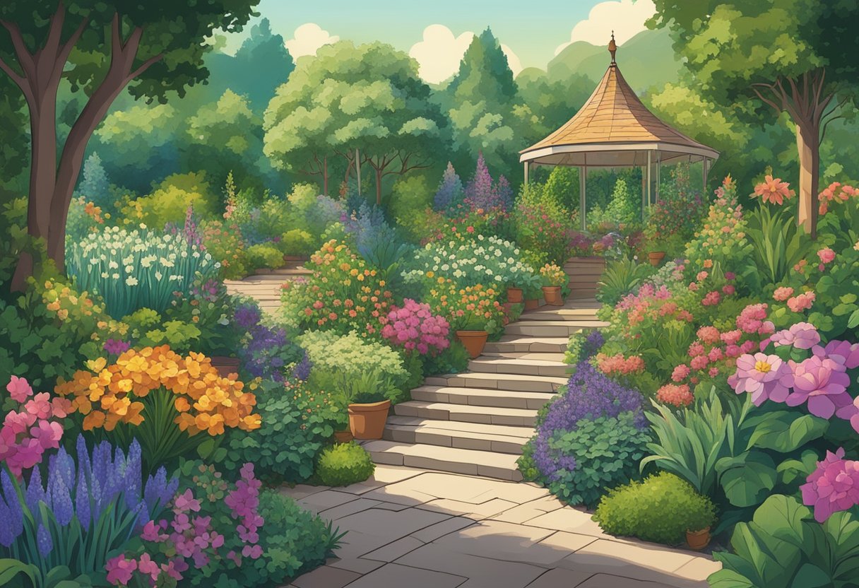 A lush garden filled with vibrant flowers and plants, with a sign reading "Good Names baby names" nestled among the greenery