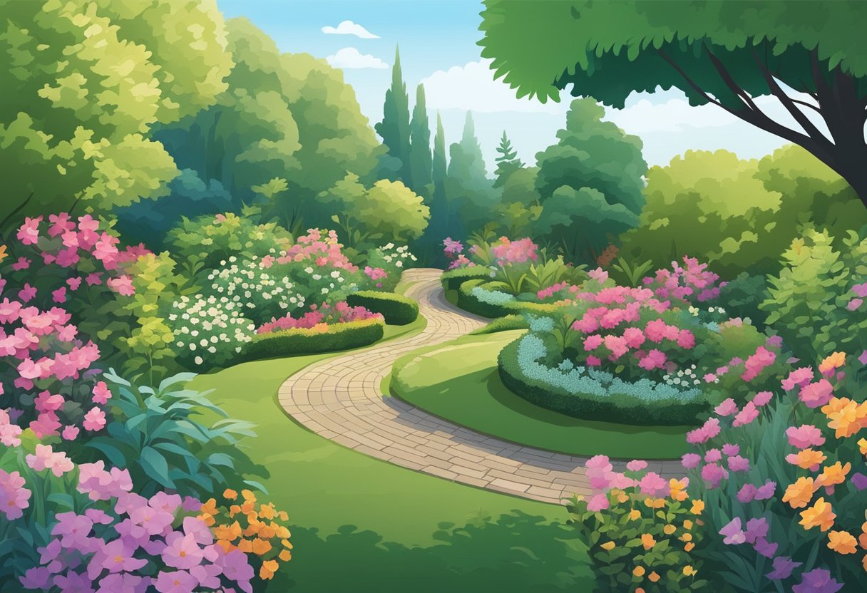 A lush garden with colorful flowers, winding paths, and a gentle breeze. A peaceful and serene atmosphere with a variety of plants and foliage