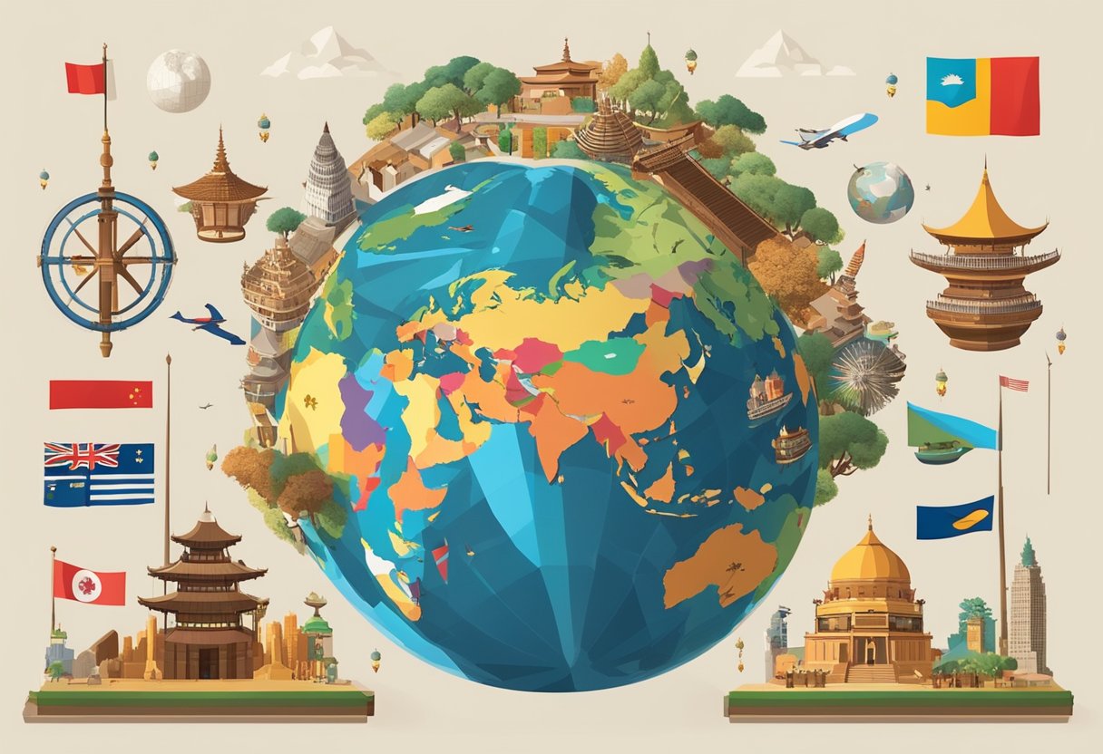 A globe surrounded by diverse objects representing different cultures, such as flags, traditional clothing, and iconic landmarks
