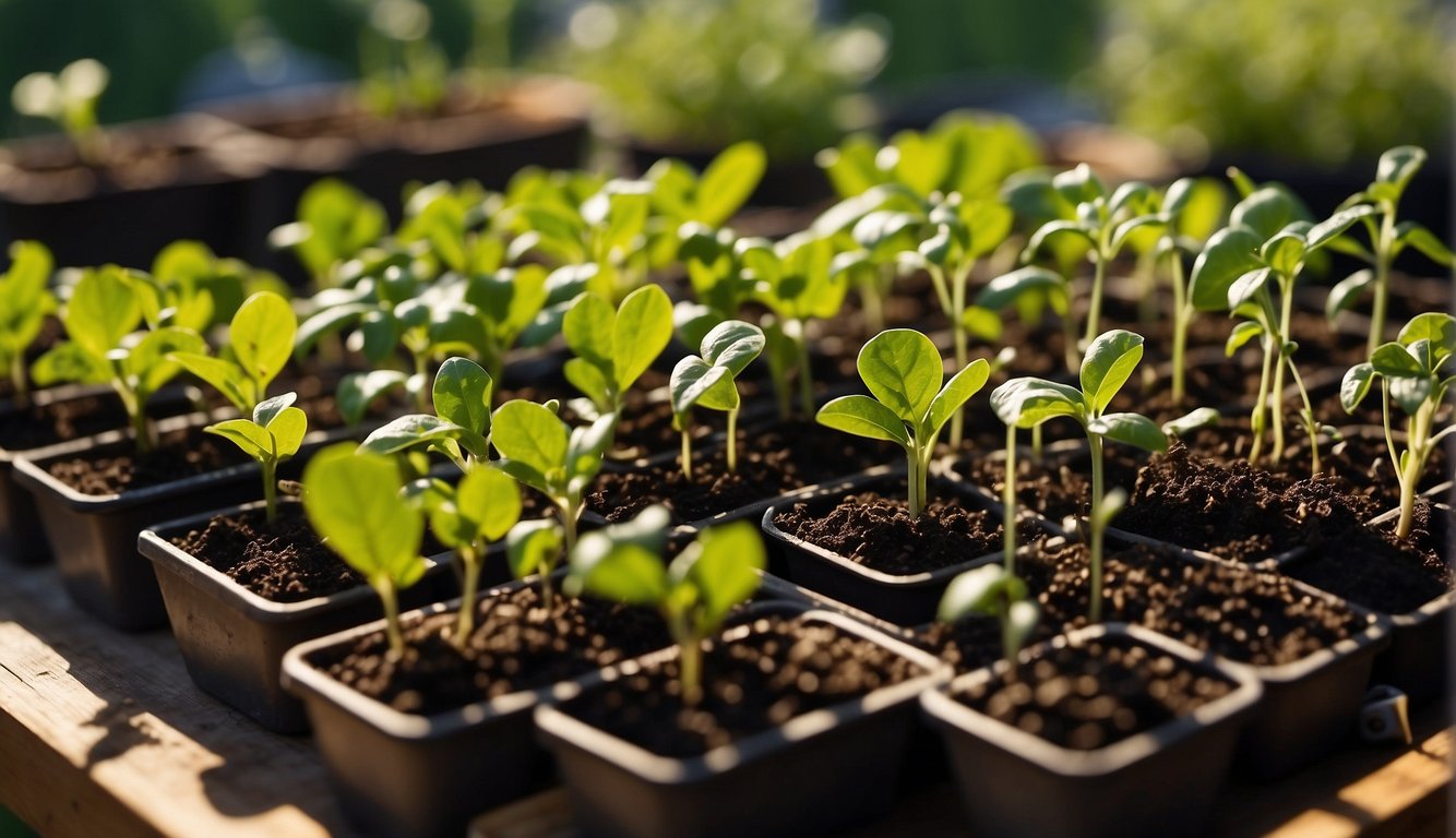 Seeds and seedlings arranged in rows, with small pots and gardening tools nearby. Sunlight filters through the leaves, casting shadows on the rich soil
