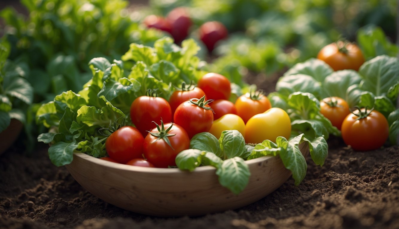 Lush garden with vibrant vegetables and fruits, basking in sunlight. Tomatoes, lettuce, and strawberries flourish in rich soil. A sense of abundance and vitality emanates from the thriving plants