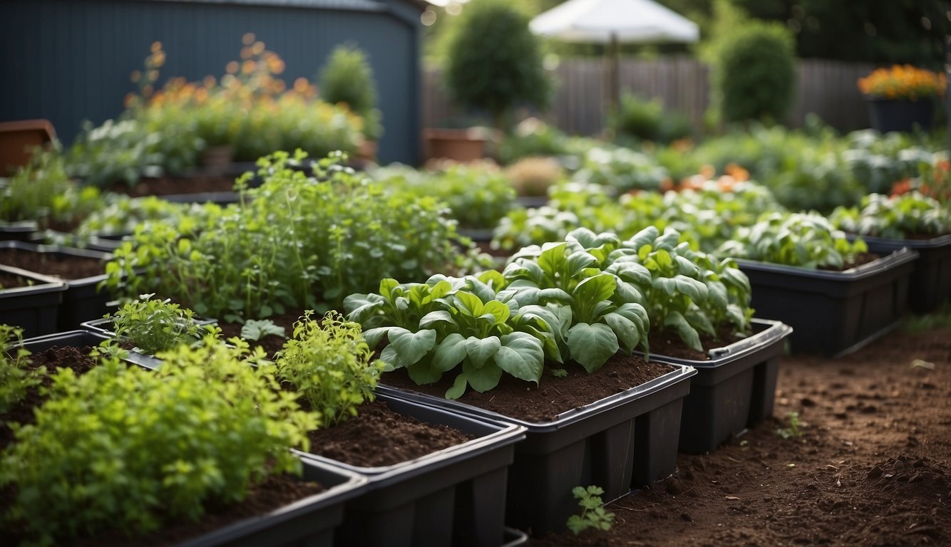Lush garden beds bursting with vibrant, easy-to-grow vegetables and herbs, surrounded by compost bins and rain barrels