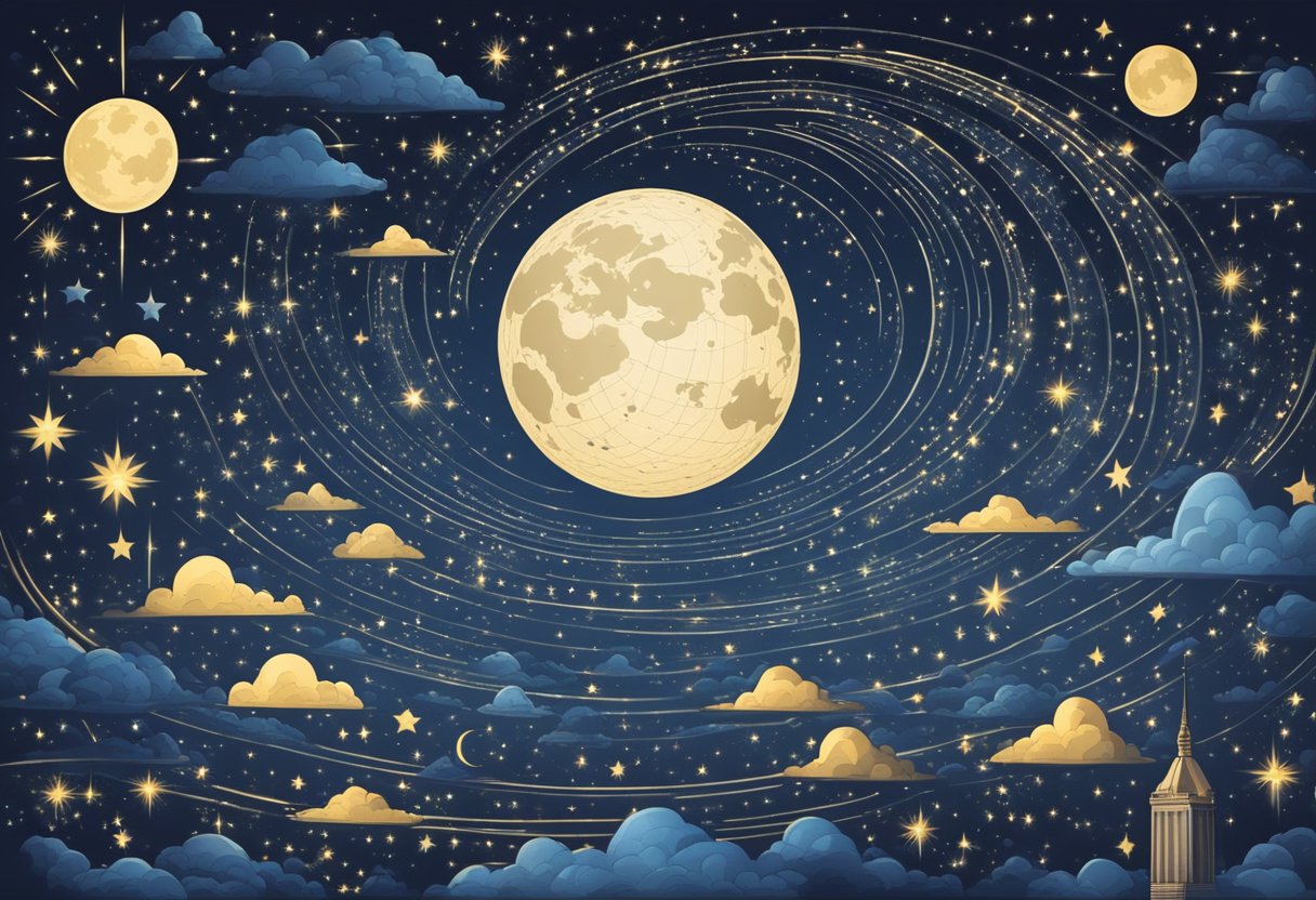 A starry night sky with a shining moon, surrounded by floating baby names in celestial fonts