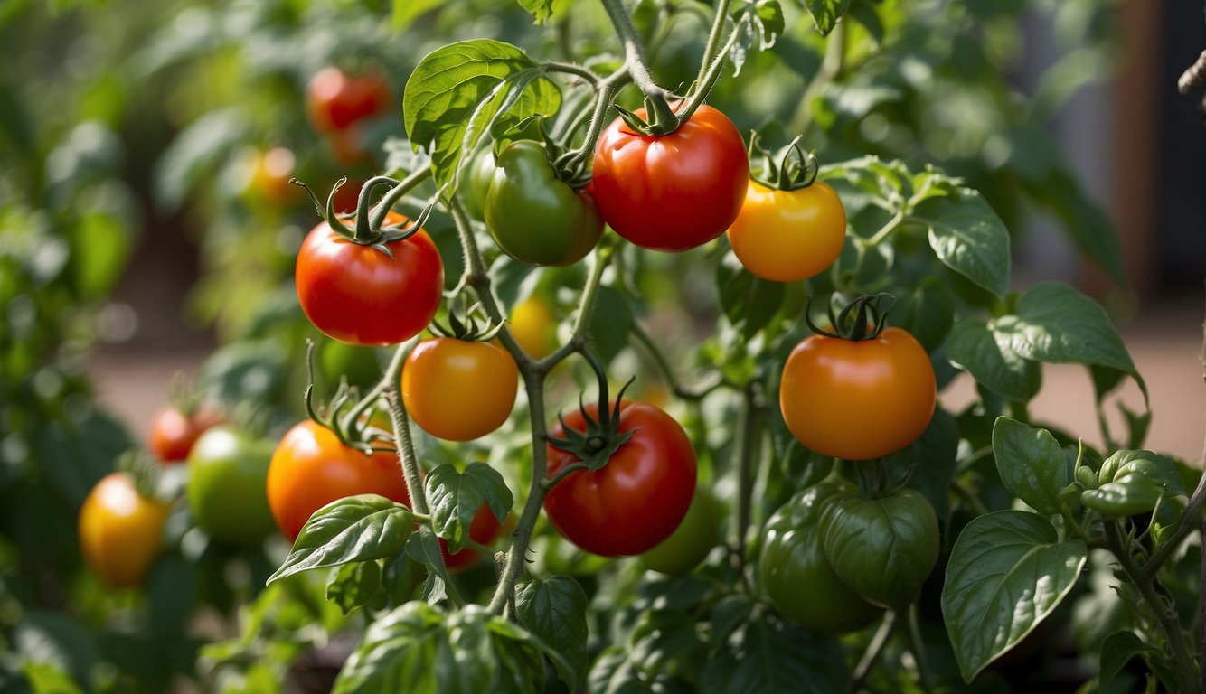 Tomato and pepper plants grow side by side in a sunny garden bed, their vibrant green leaves and colorful fruits intertwining in a harmonious display of natural beauty