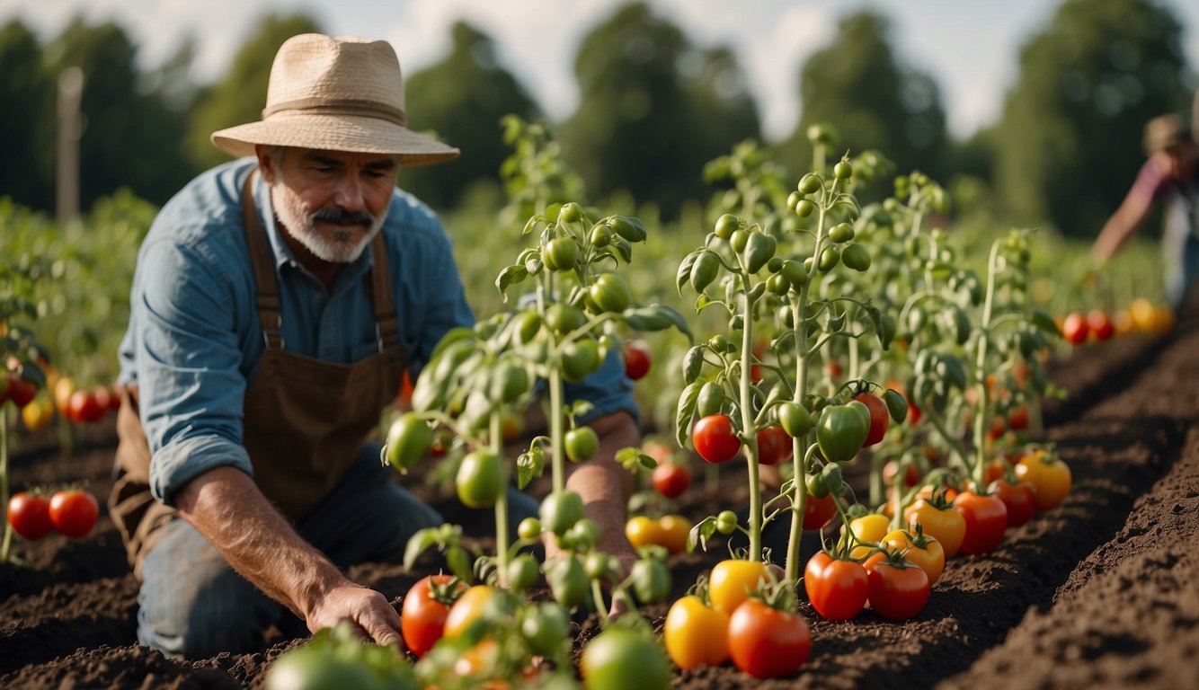 Tomatoes and peppers planted side by side in rich, dark soil, with a gardener applying fertilizer