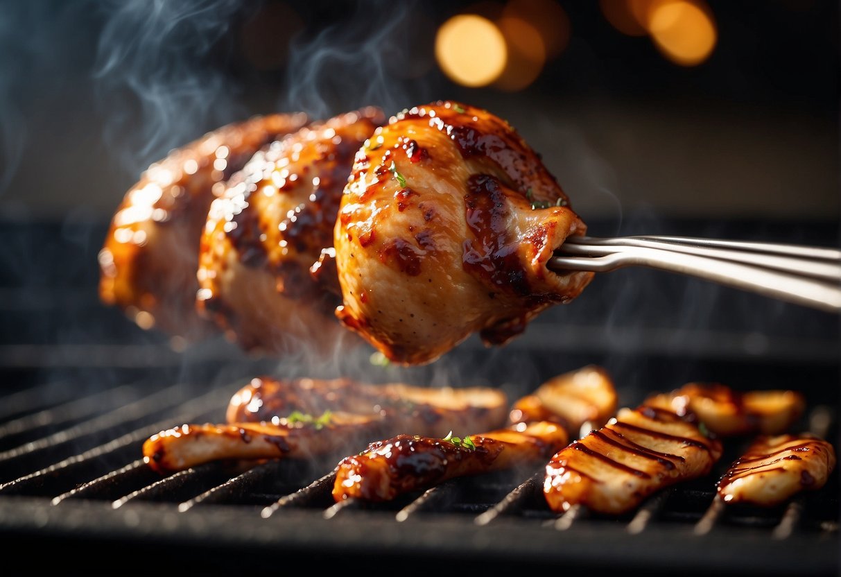 A chicken drumstick being marinated in BBQ sauce on a grill