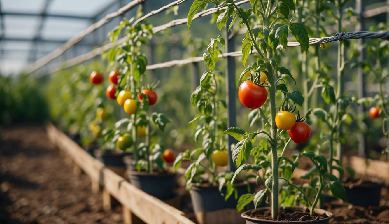 Tomato plants and pepper plants grow side by side, supported by wooden stakes and wire cages