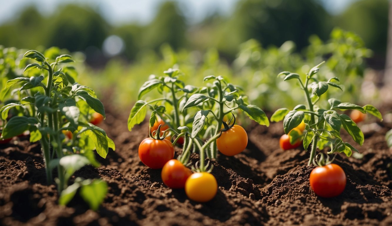 Tomato and pepper plants grow side by side, thriving in rich soil under a sunny sky, with careful attention to watering and fertilizing