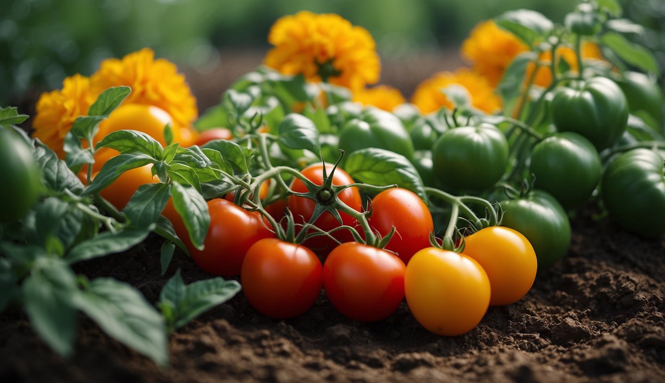Tomatoes and peppers grow together, surrounded by marigolds and basil