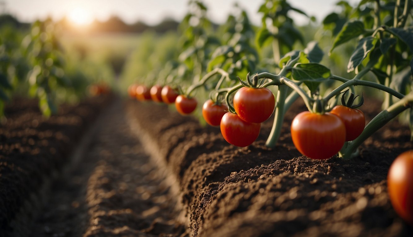Tomatoes and peppers grow in adjacent rows, showing crop rotation and succession planting