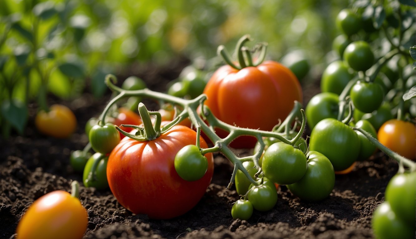 Tomatoes and peppers grow together in a garden bed, with ample space between each plant for proper sunlight and airflow