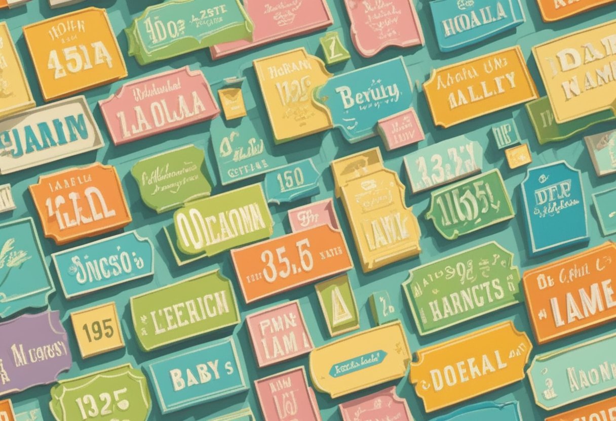 A colorful array of 1950s baby names adorns a vintage nursery wall, evoking nostalgia and charm