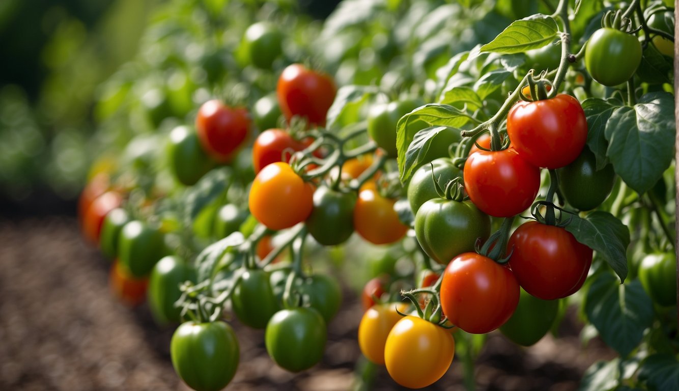 Tomatoes and peppers grow side by side in a sunny garden bed, their vibrant green leaves and colorful fruits creating a beautiful and harmonious scene