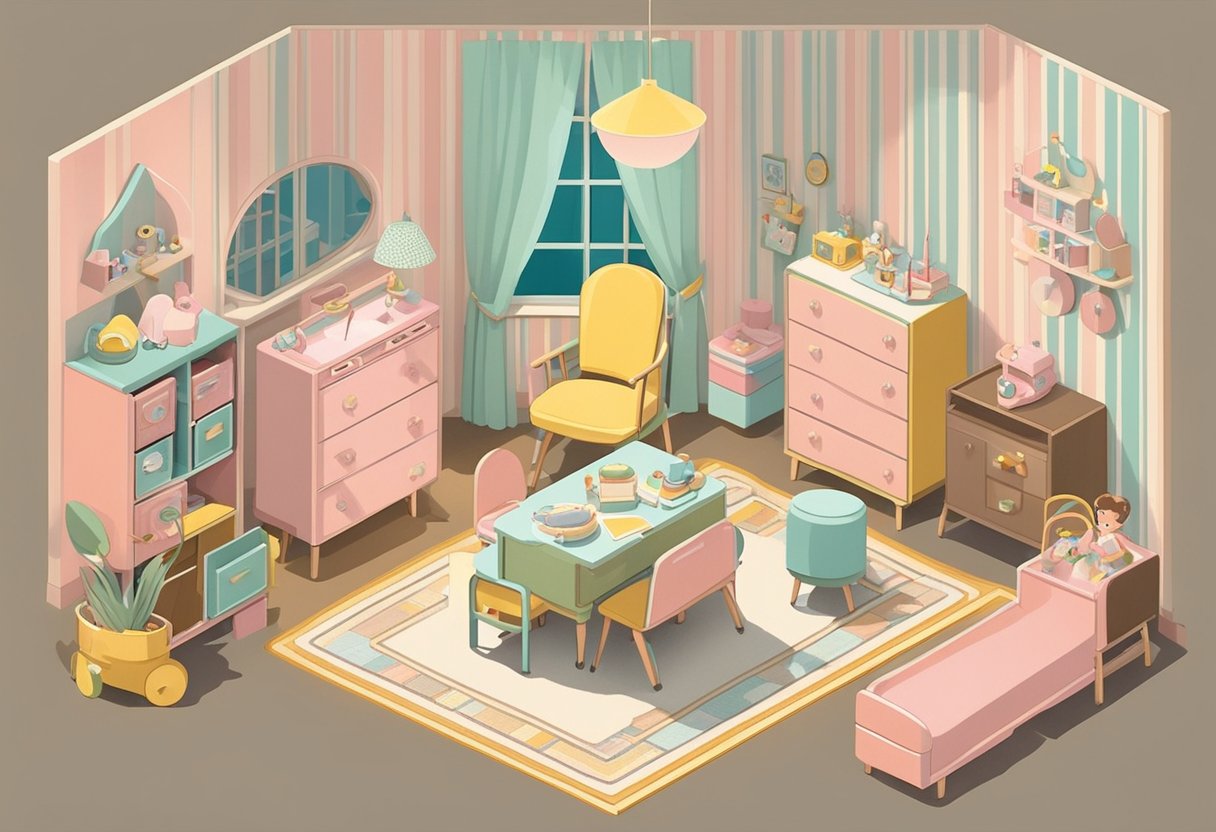 A 1950s-themed nursery with vintage toys, pastel colors, and retro furniture