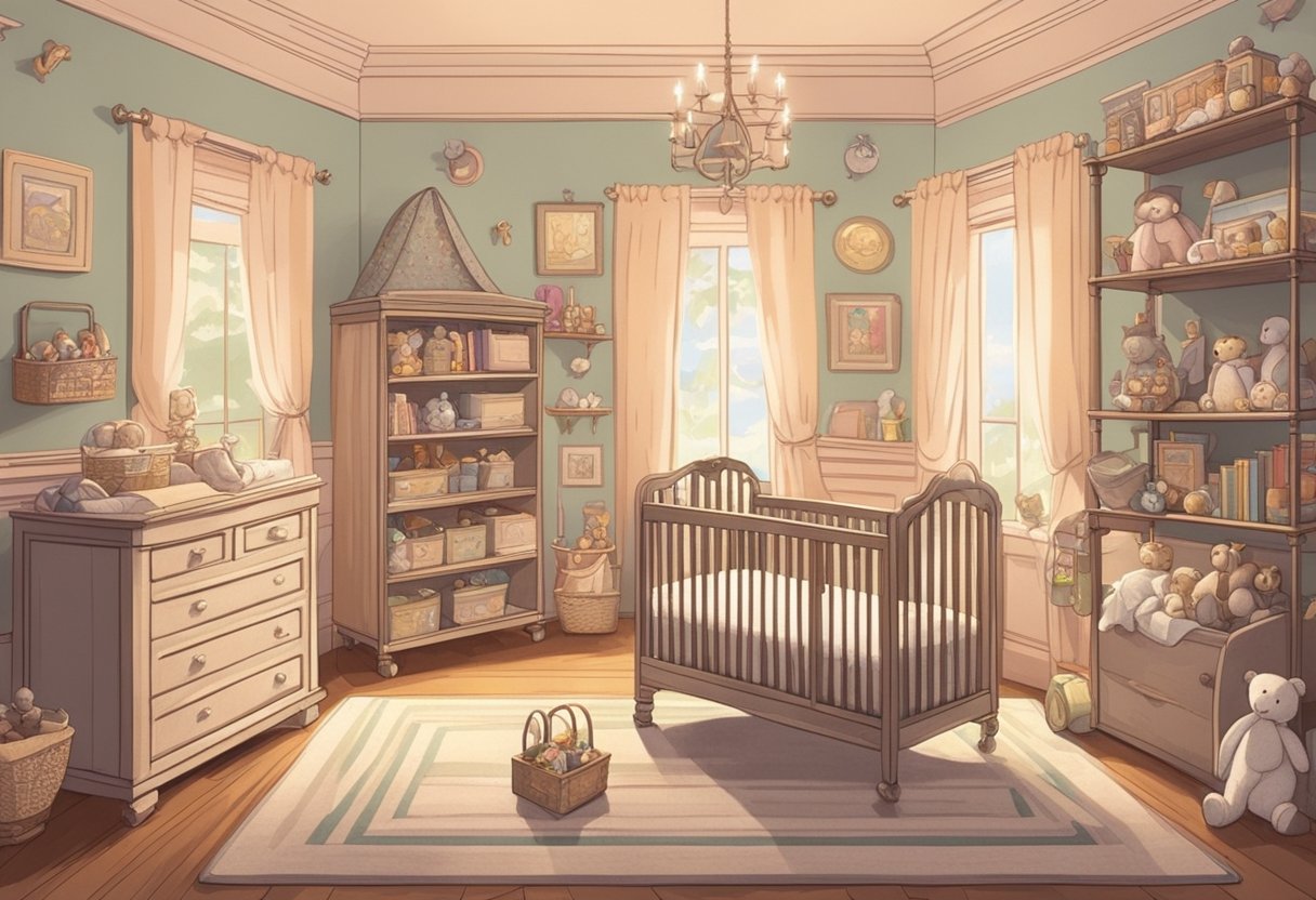 A vintage nursery with pastel-colored walls, classic wooden cribs, and shelves filled with old-fashioned baby toys and books