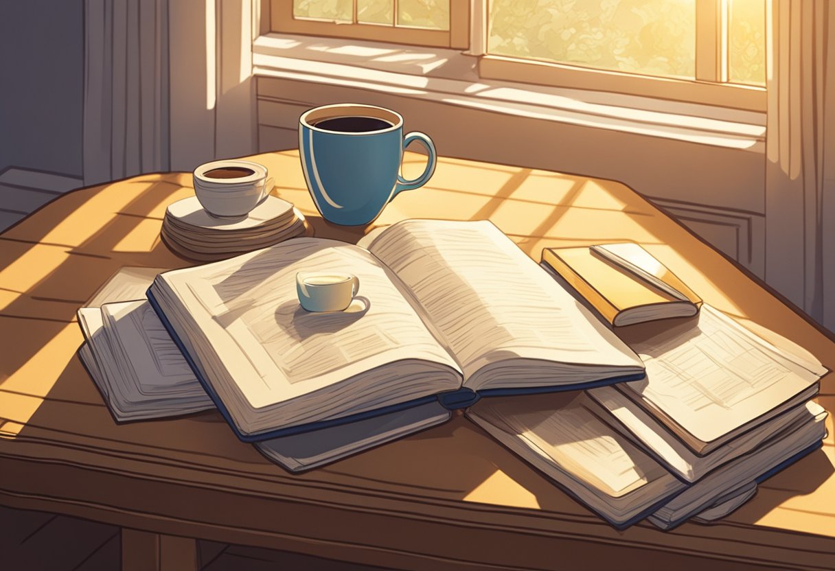 A cozy study with vintage baby name books, a notepad, and a pencil. A cup of coffee sits on the desk as the sunlight streams through the window, casting a warm glow over the room