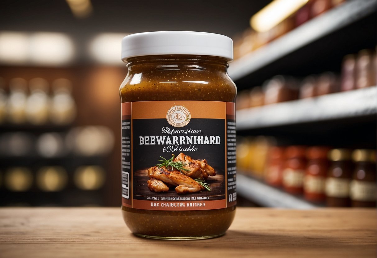 A jar of BBQ chicken marinade sits on a shelf, with a label reading "Bewaren en Houdbaarheid"