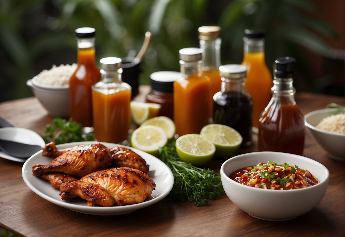 A table set with various BBQ chicken marinades and ingredients, with a grill in the background