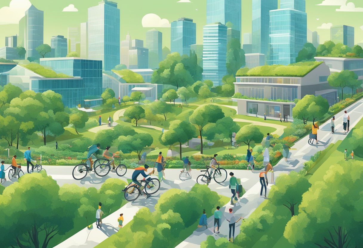 A bustling city skyline with green rooftops and solar panels, wind turbines in the distance. Bicycles and electric cars fill the streets, while people walk alongside lush green parks and community gardens. Future Foresight.