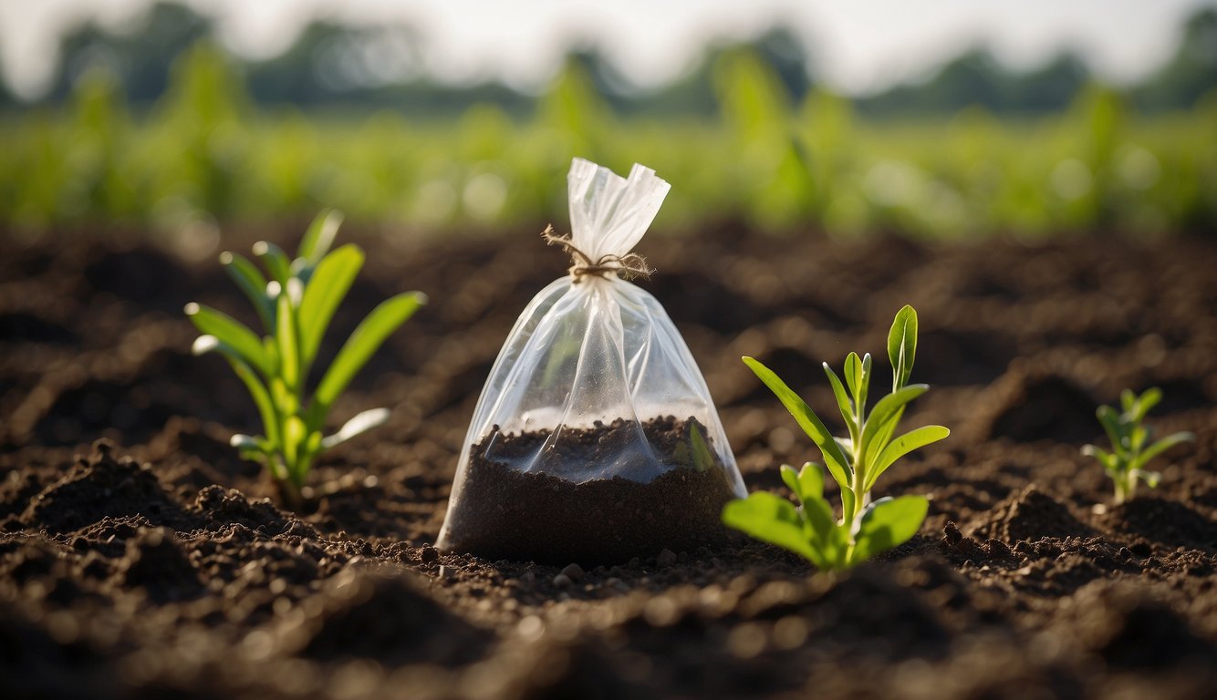 A bag of chemical amendments pours into soil, raising its pH level