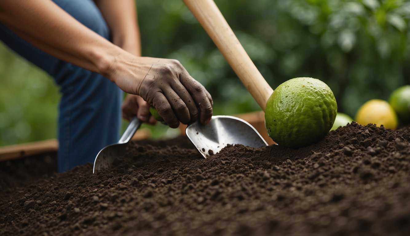 A person adds lime to soil, stirring it in with a shovel