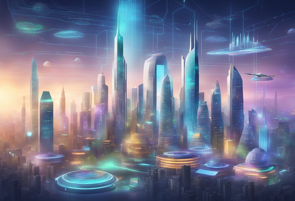 A futuristic city skyline with holographic job titles floating above buildings, showcasing a variety of career paths in technology, healthcare, finance, and more. Future Foresight.