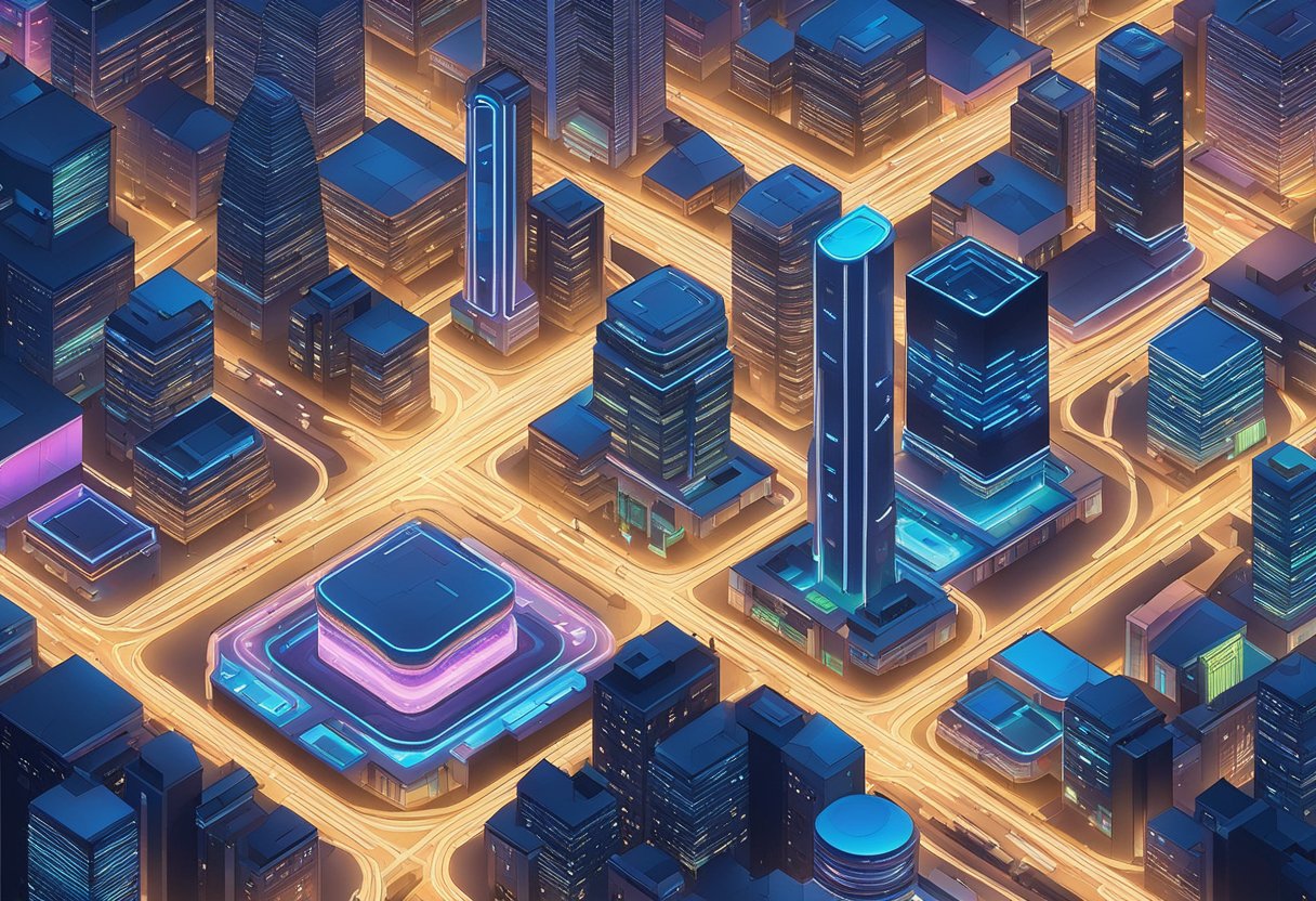 A neon-lit cityscape with sleek, metallic buildings and flying cars zipping through the sky, evoking a sense of advanced technology and innovation