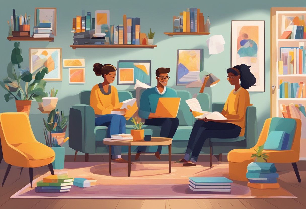 A cozy living room with shelves of books, a desk with art supplies, and a wall covered in colorful posters of different careers. A family sits together, engaged in conversation about their passions and dreams. Guiding children to discover their interests.