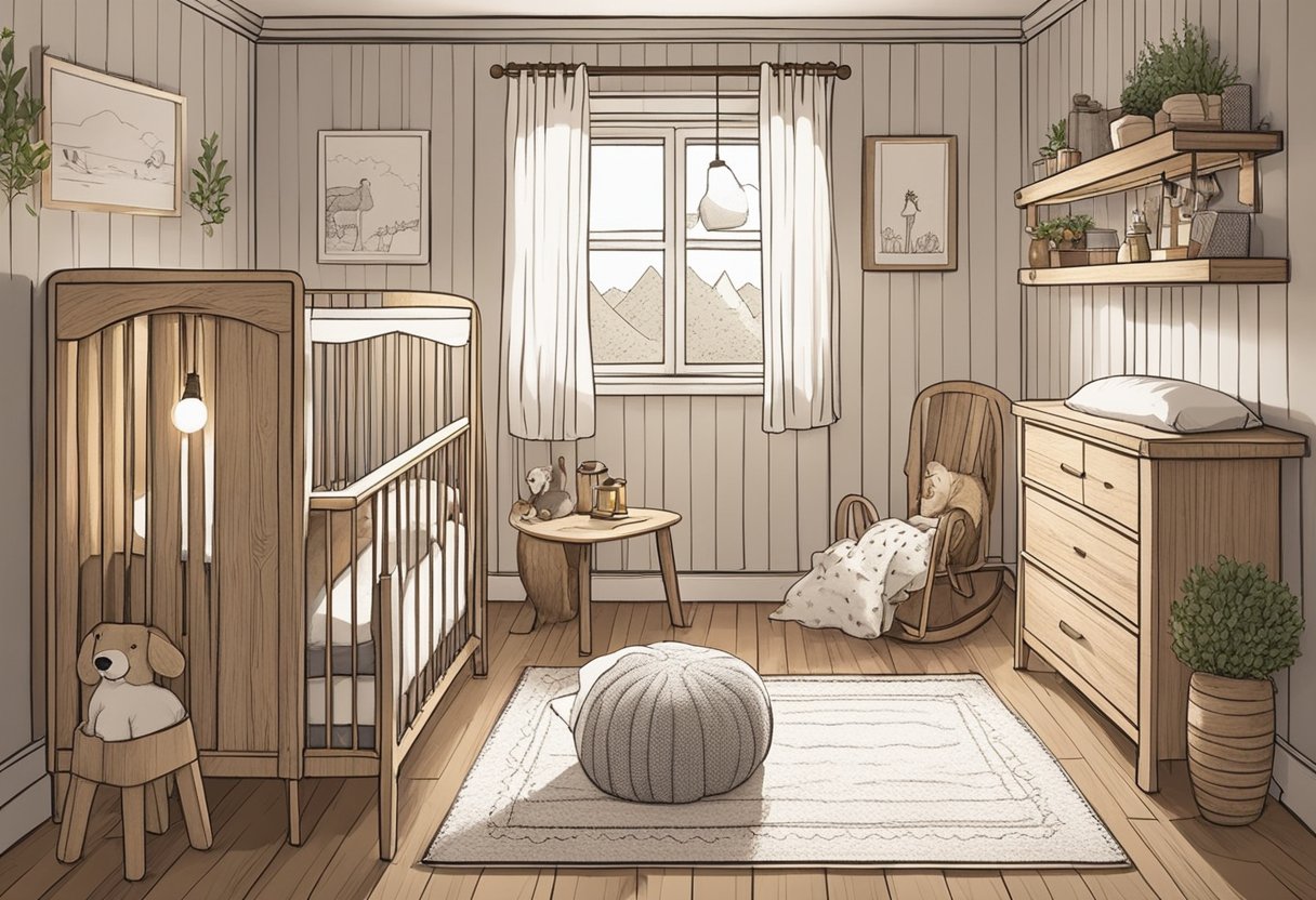 A cozy, rustic nursery with wooden furniture, soft blankets, and Nordic-inspired decor