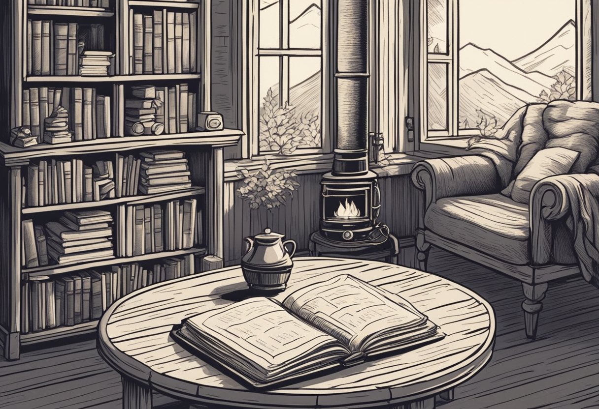 A cozy room with a roaring fireplace and a stack of books on Nordic culture. A notepad and pen sit on a wooden table, ready for brainstorming