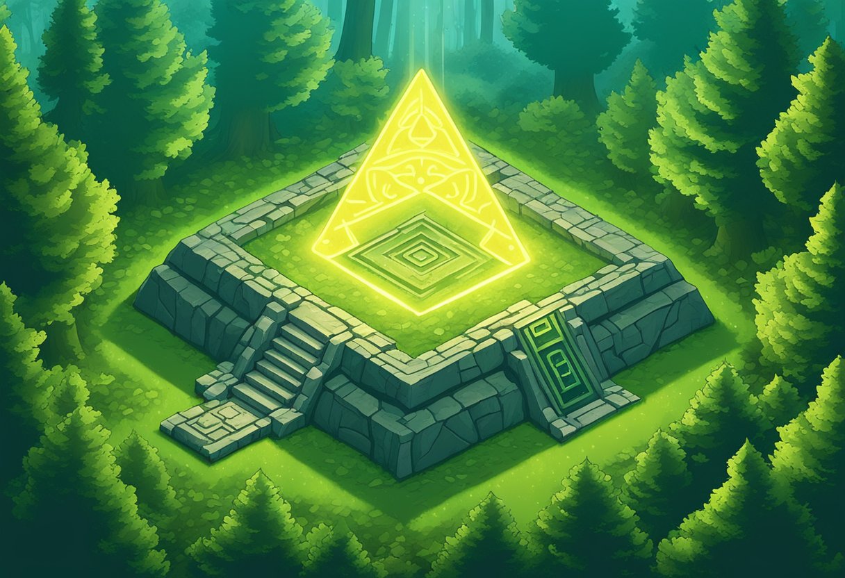 A glowing Triforce hovers above a lush forest, as a fairy circles around the names "Zelda" and "Link" etched into ancient stone