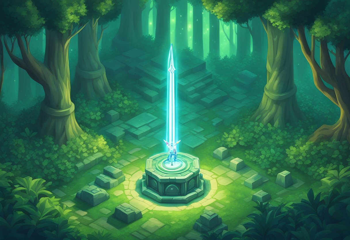 A glowing Triforce hovers above a lush forest, with the Master Sword embedded in a stone pedestal. A fairy flutters nearby