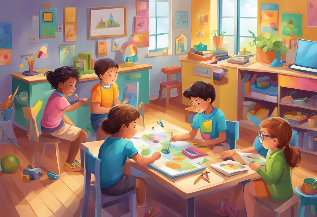 A group of children explore various activities and hobbies, from art to science, in a colorful and inviting space. Guiding children to discover their interests.